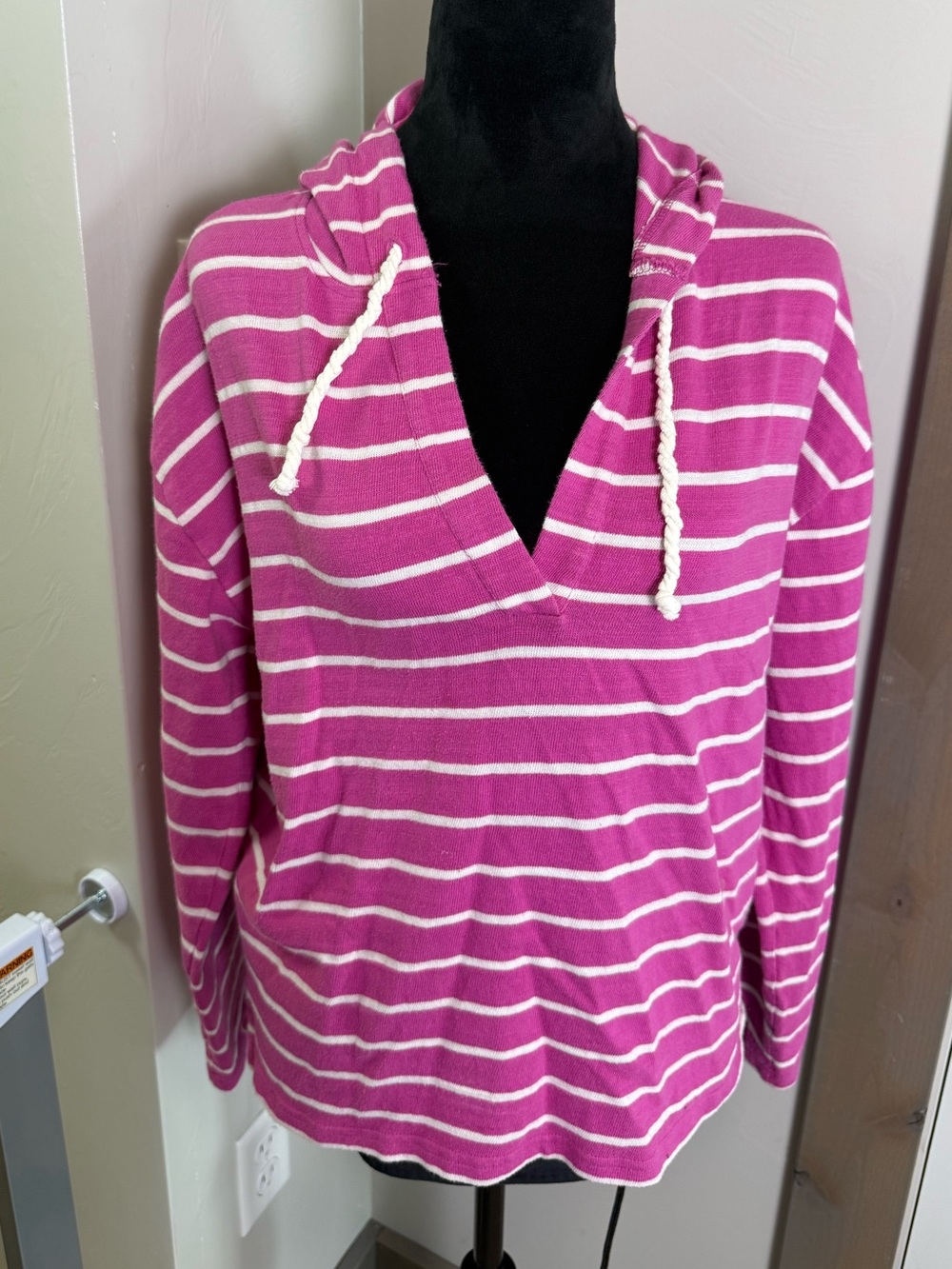 J. Crew Factory Magenta‎ Pink White Stripe V-Neck Hoodie Sweater Cotton M